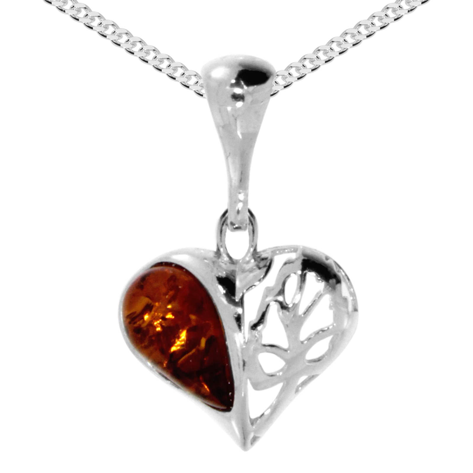 Kette mit Anhänger "Herz", Silber 925/000, Bernstein, -Länge wählbar-