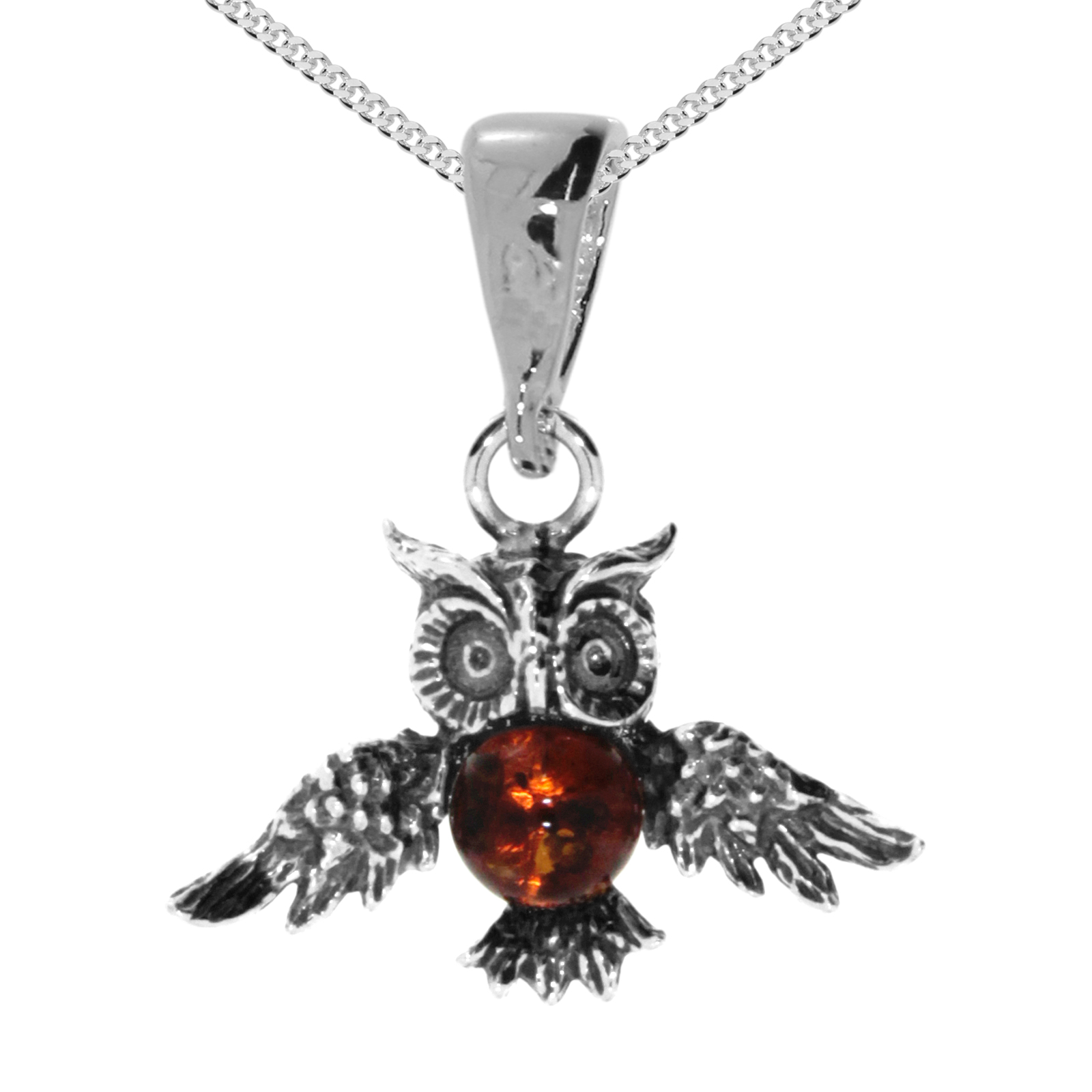 Kette mit Anhänger "Eule", Silber 925/000, Bernstein, -Länge wählbar- 
