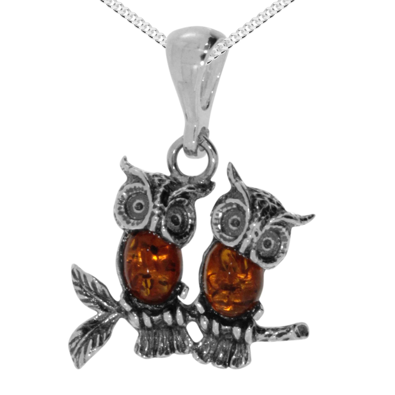Kette mit Anhänger "Eulenpärchen", Silber 925/000, Bernstein, -Länge wählbar- 