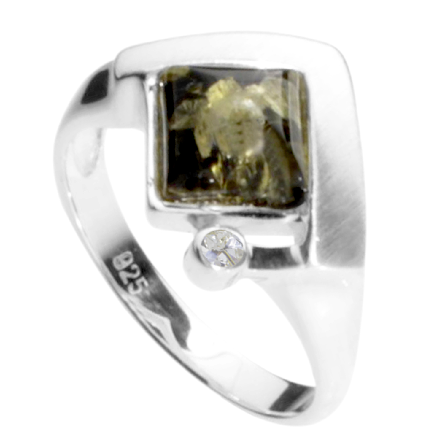 Ring Silber 925/000, Bernstein grün/Zirkonia -Größe wählbar-