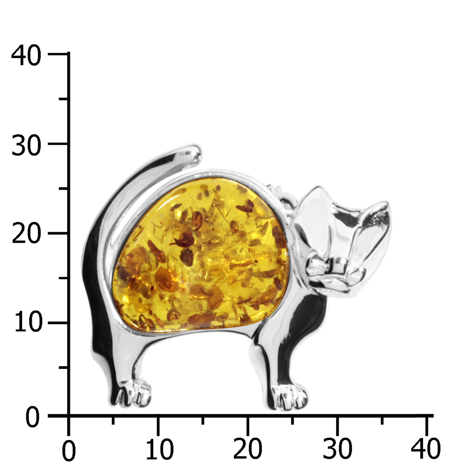 Brosche, Silber 925/000, Katze, Bernstein