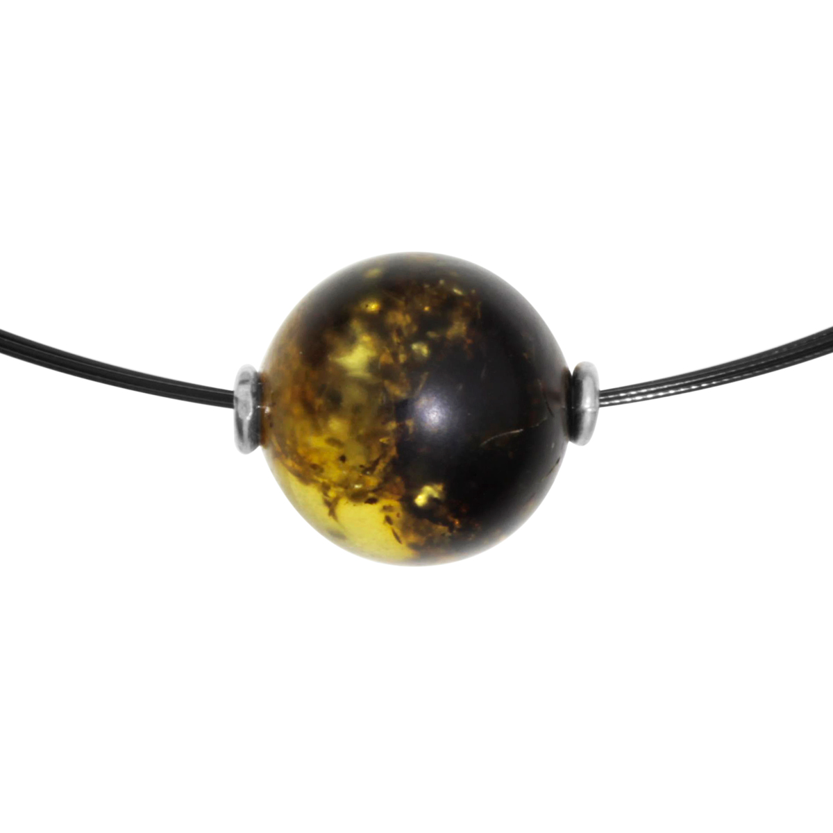 Nyloncollier 3/45 cm, Silber 925/000, Kugel 16 mm, Bernstein, schwarzgrün